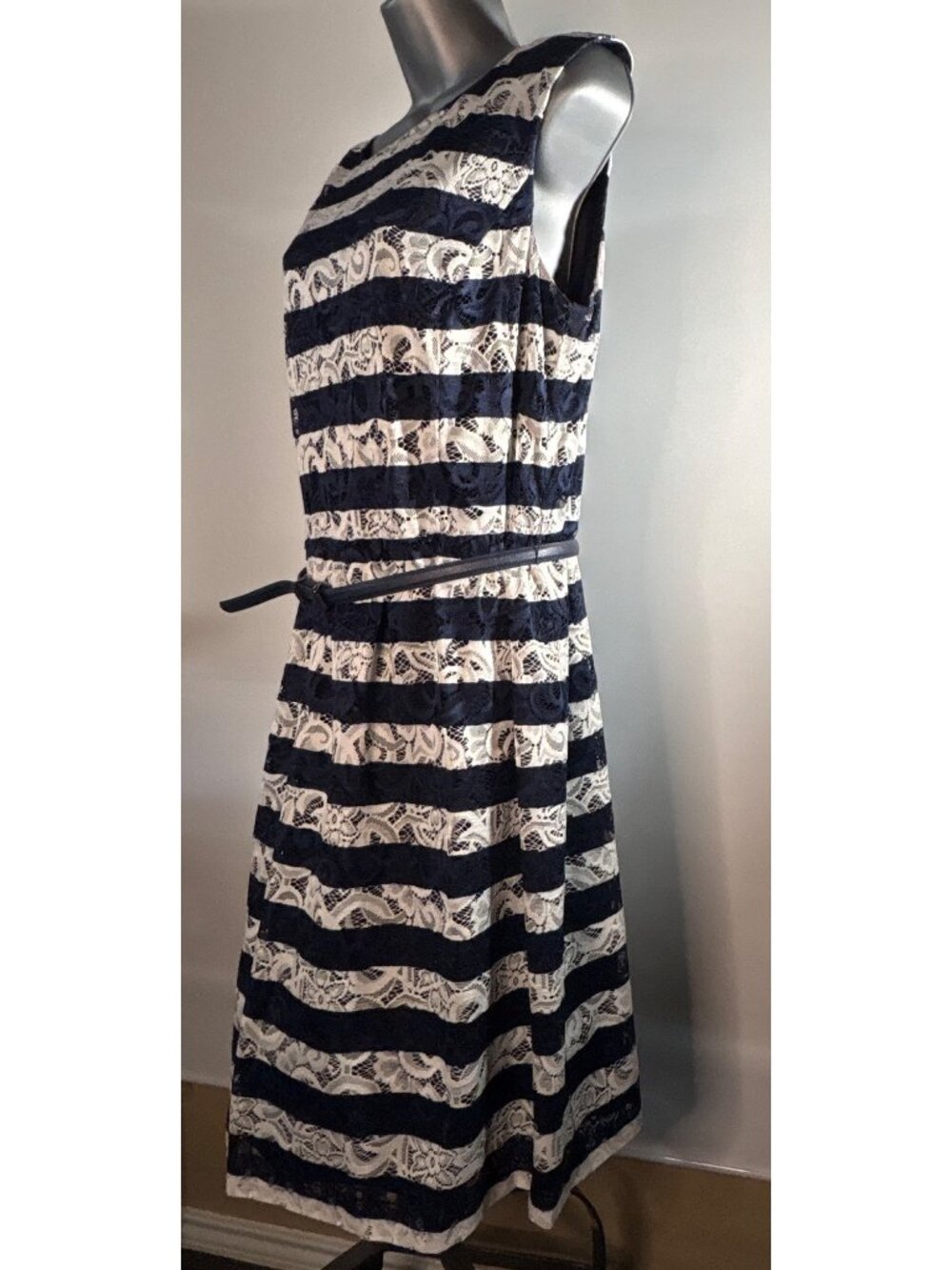 Alex Marie Sleeveless Women's Floral Lace Navy White Striped Nautical Dress (12) - Picture 3 of 15